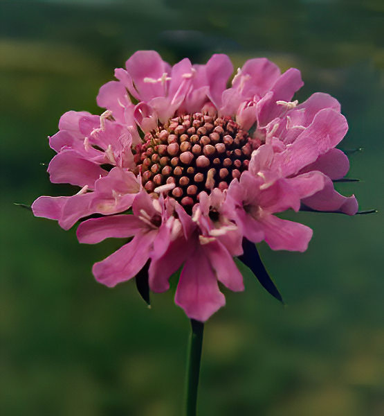Scabiosa columbaria en fleurs roses dans une pelouse calcaire sèche des Alpes